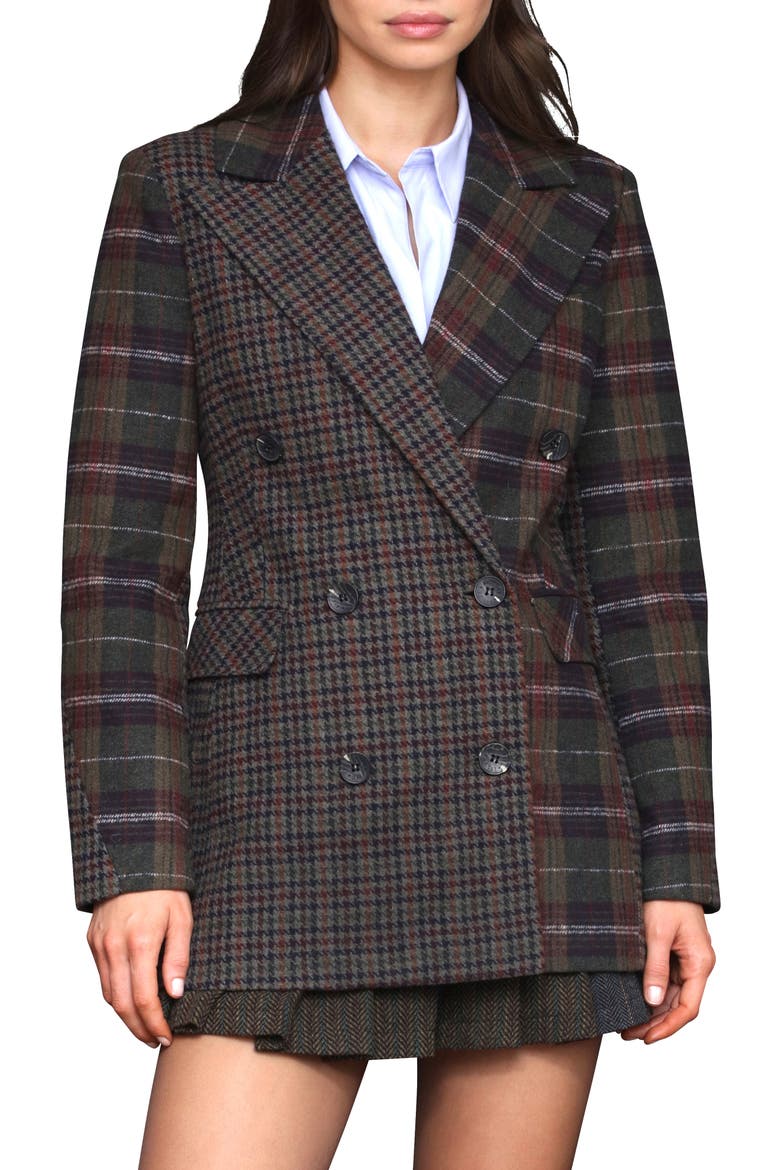 Plaid Patternblock Double Breasted Blazer, Main, color, OLIVE BURGUNDY PLAID