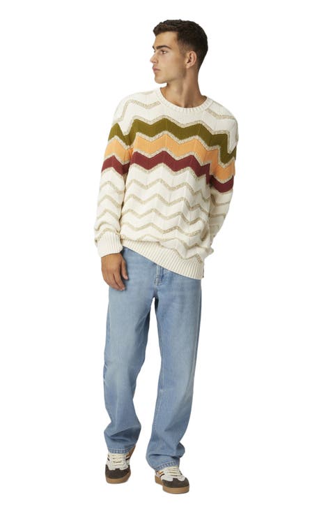Crew-neck Pullover With Macro Zigzag And Mélange Details