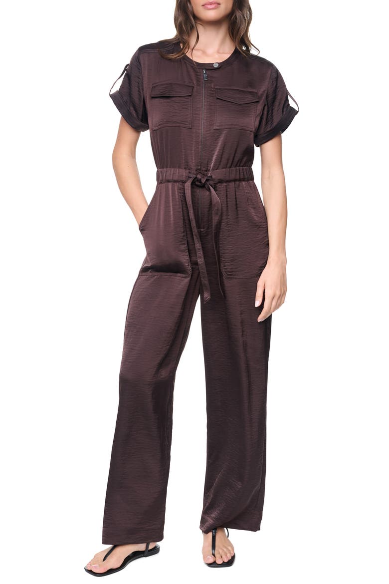 Drawstring Waist Hammered Satin Jumpsuit, Main, color, TOBACCO