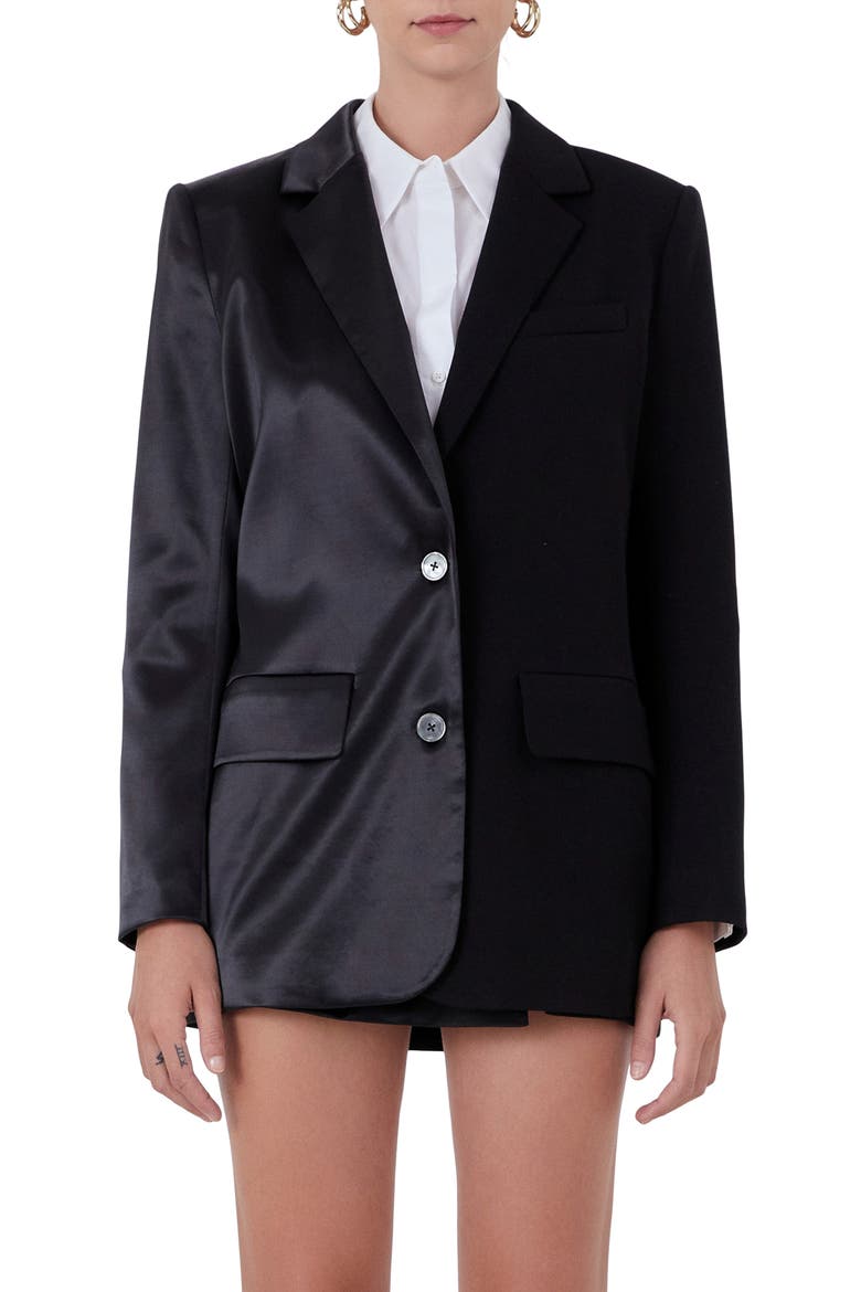 Mixed Media Satin Suit Blazer, Main, color, BLACK