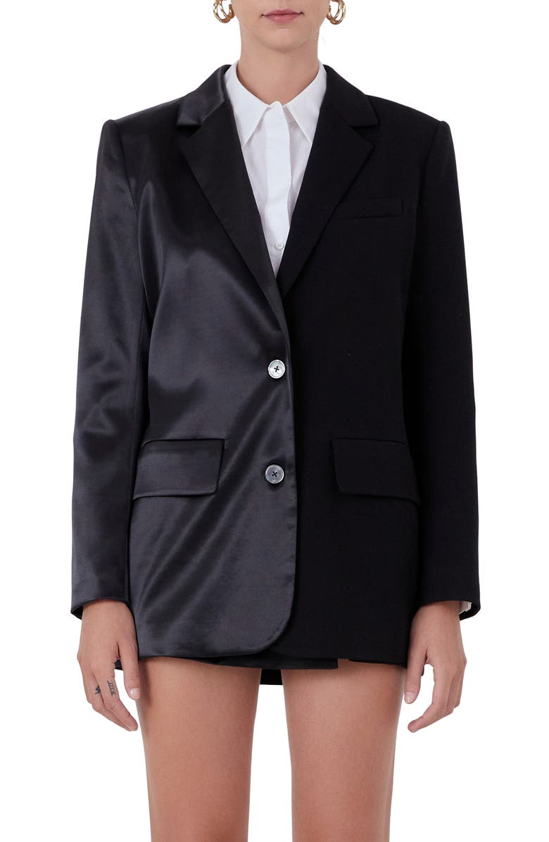 Endless Rose Mixed Media Satin Suit Blazer, Main, color, Black