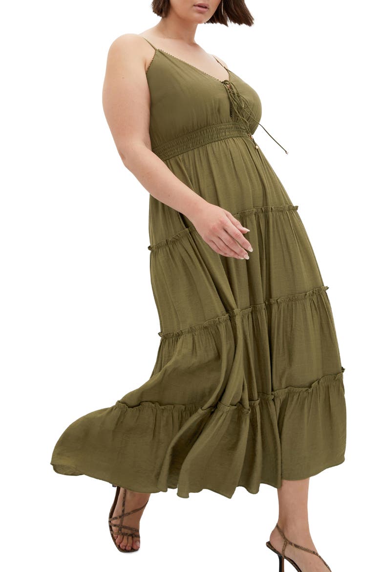 Aiza Tiered Tie Front Sleeveless Maxi Dress, Main, color, KHAKI