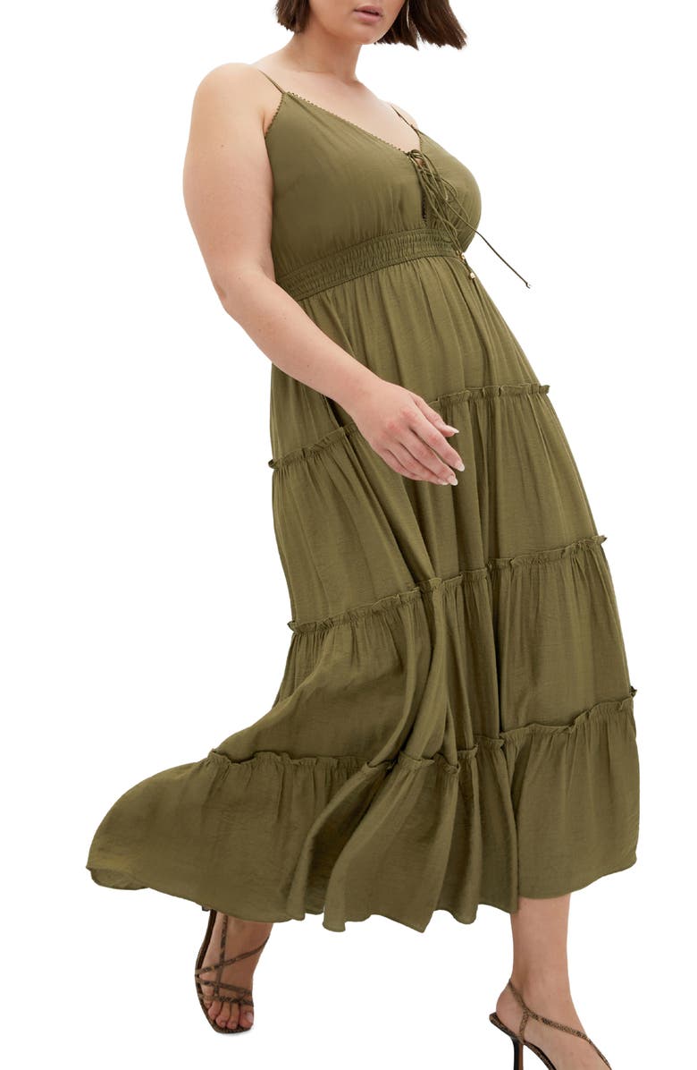 City Chic Aiza Tiered Tie Front Sleeveless Maxi Dress, Main, color, Khaki