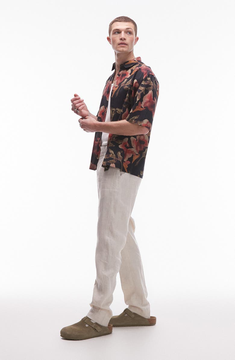 Topman Floral Short Sleeve Cotton & Linen Button-Up Shirt, Alternate, color, Black