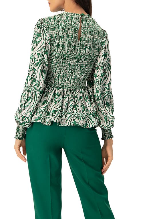 Ivonne Green Baroque Print Smocked Peplum Blouse In Green