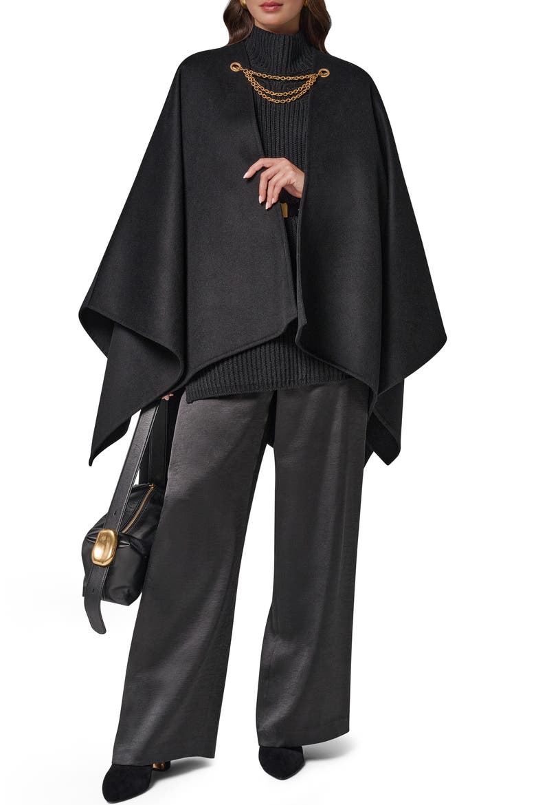 Chain Closure Wool Blend Cape, Alternate, color, BLACK