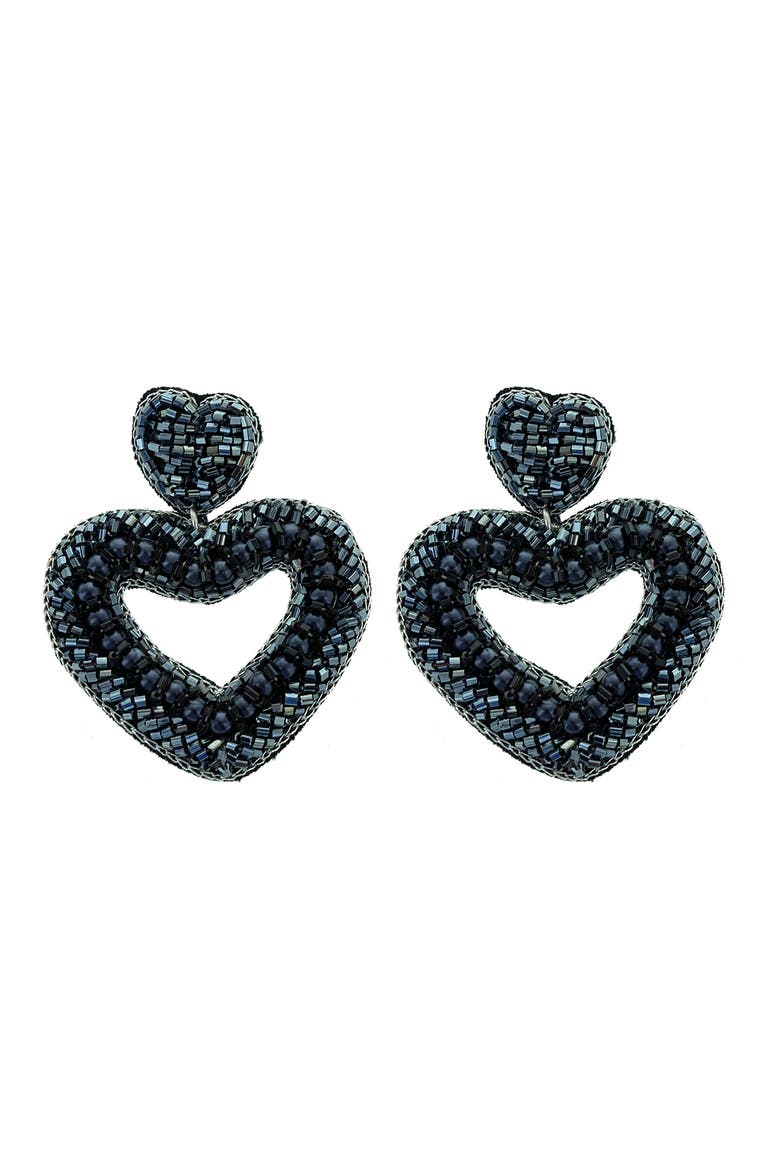 Black Seed Bead Heart Drop Earrings, Main, color, BLACK