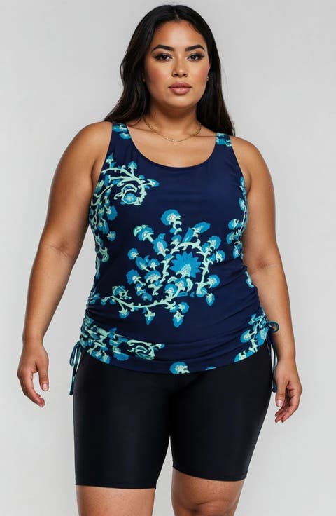 Plus Maya Tankini Swim Top With Built-In Bra and Black Long Bike Swim Shorts