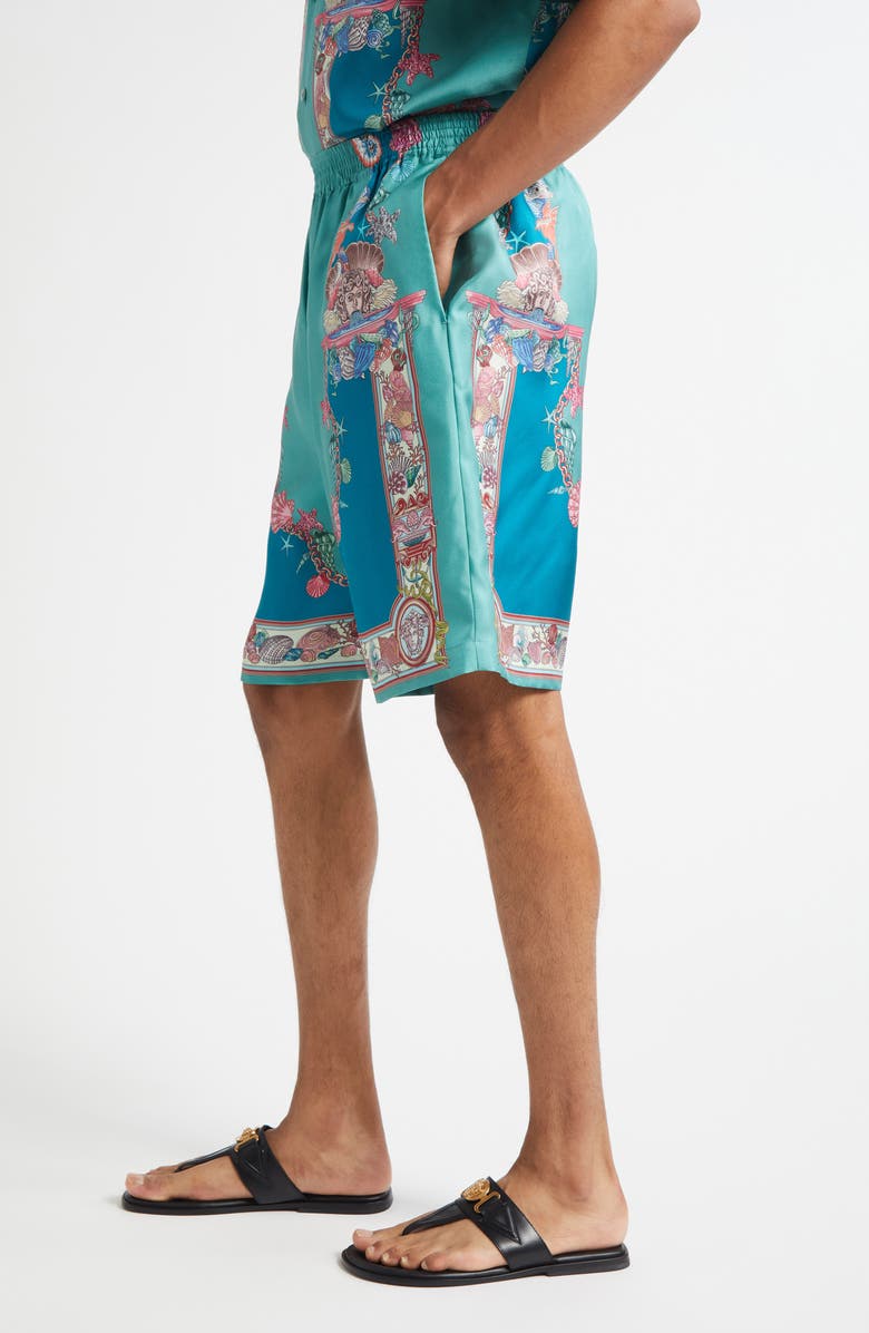 Versace Coral Theatre Silk Shorts, Alternate, color, Sea Green Dark Sea Green