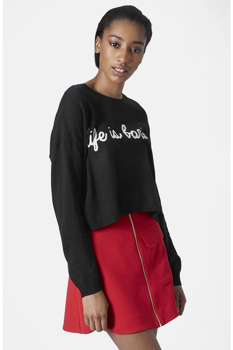 'Life is Boring' Sweater, Main, color, BLACK