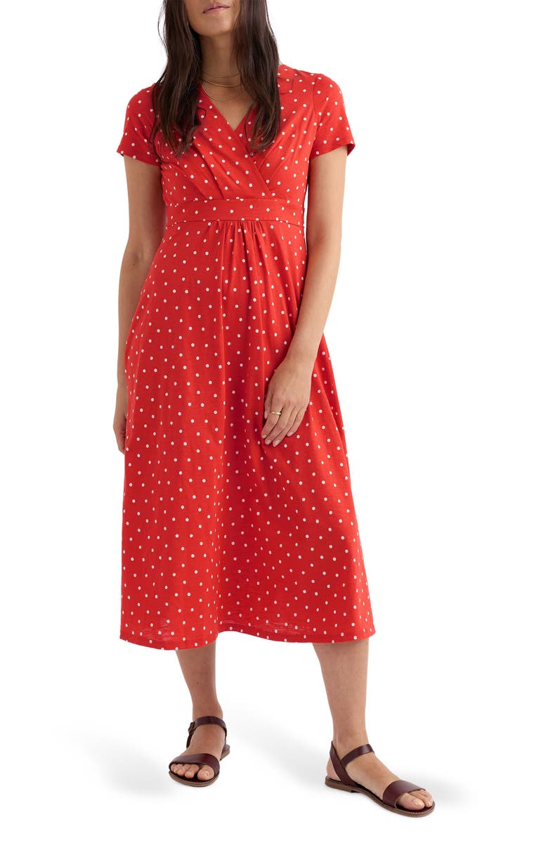 Seasalt Cornwall Chapelle Dot Print Organic Cotton Jersey Midi Dress, Main, color, Little Sponge Spot Tomato