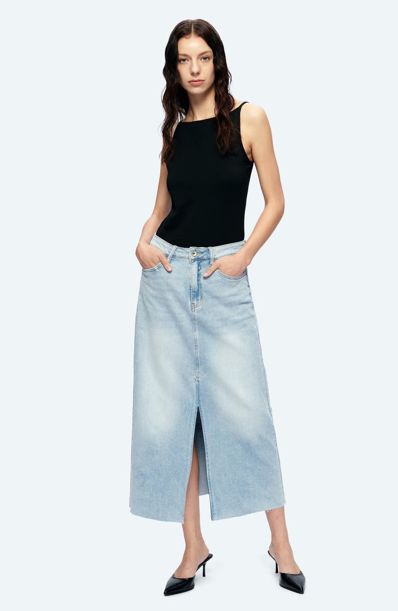 Bayeas Raw Hem Denim Midi Skirt, Alternate, color, Story