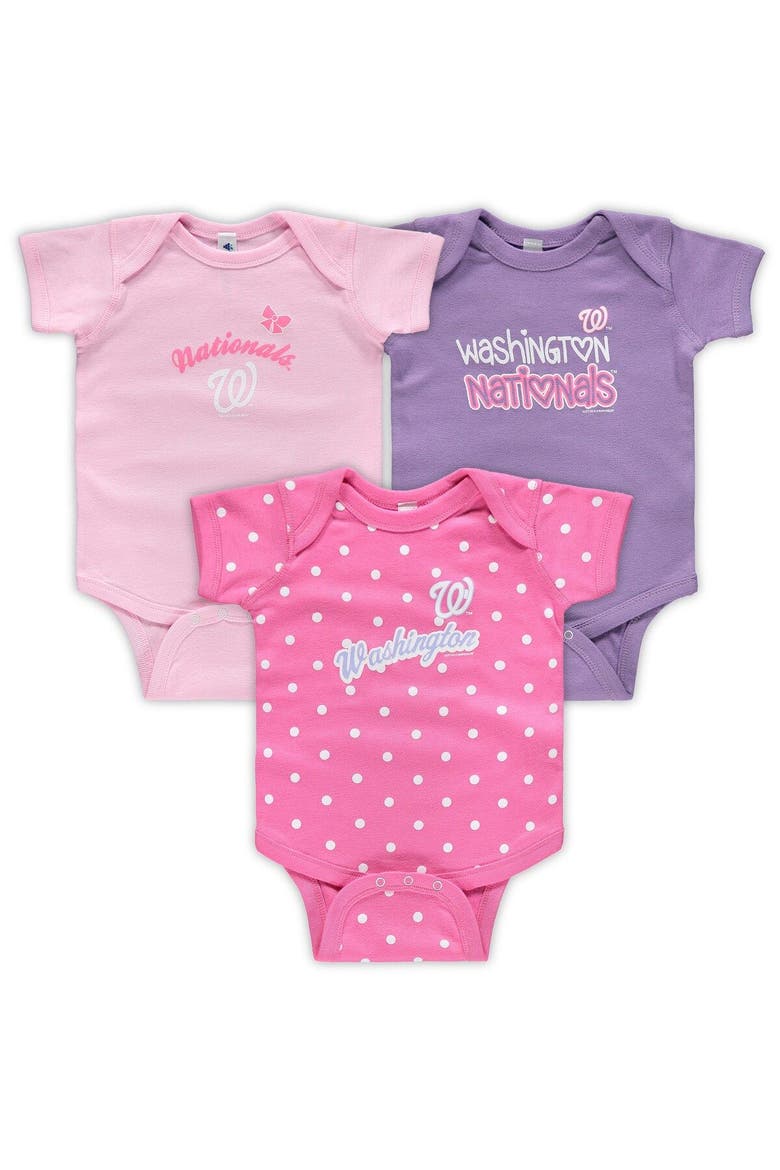 Girls Infant Soft as a Grape Pink/Purple Washington Nationals 3-Pack Rookie Bodysuit Set, Main, color, Pink