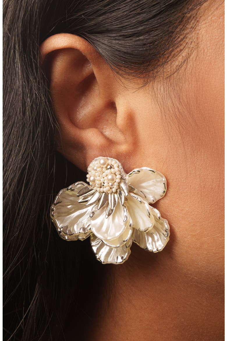 Wally Flower Faux Pearl Drop Earrings, Alternate, color, SILVER