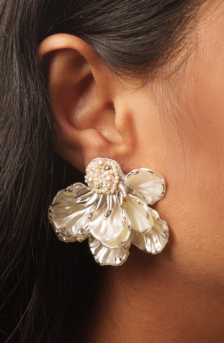 Deepa Gurnani Wally Flower Faux Pearl Drop Earrings, Alternate, color, Silver