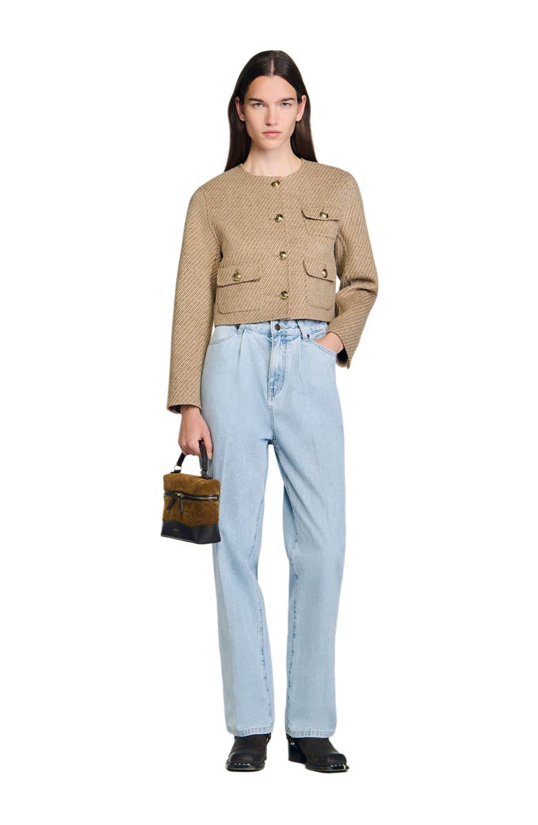 SANDRO Cropped button-down jacket, Alternate, color, Beige