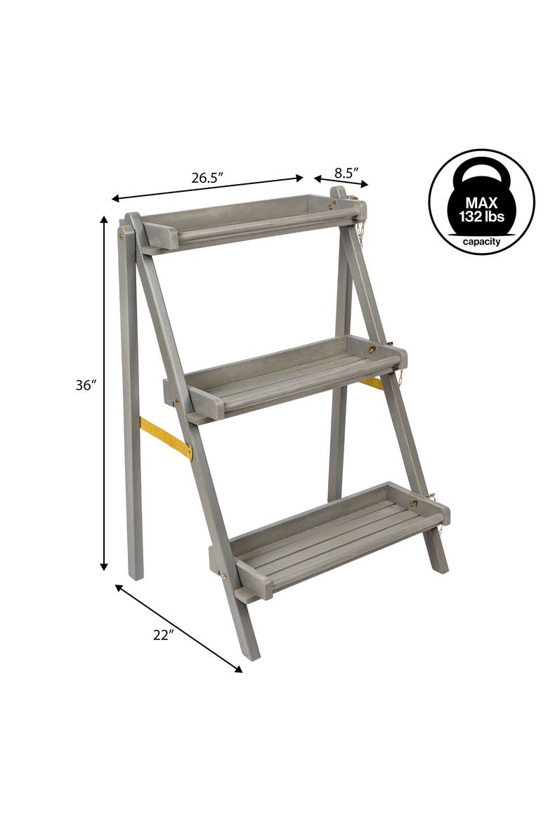 Hollis 3-Tier Acacia Wood Indoor/Outdoor Foldable Compact Freestanding Ladder Plant Stand Display Rack Shelf, Alternate, color, Gray Wash