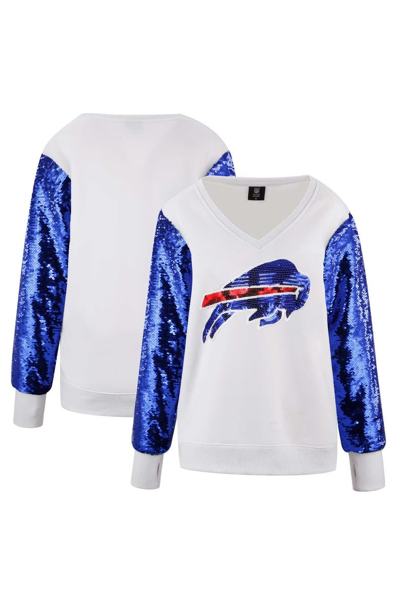 CUCE Women's Cuce White Buffalo Bills Sequin Sleeve V-Neck Pullover Sweatshirt, Main, color, 