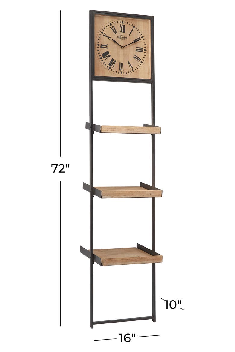 Brown Wood Traditional Wall Shelf with Clock, Alternate, color, BROWN