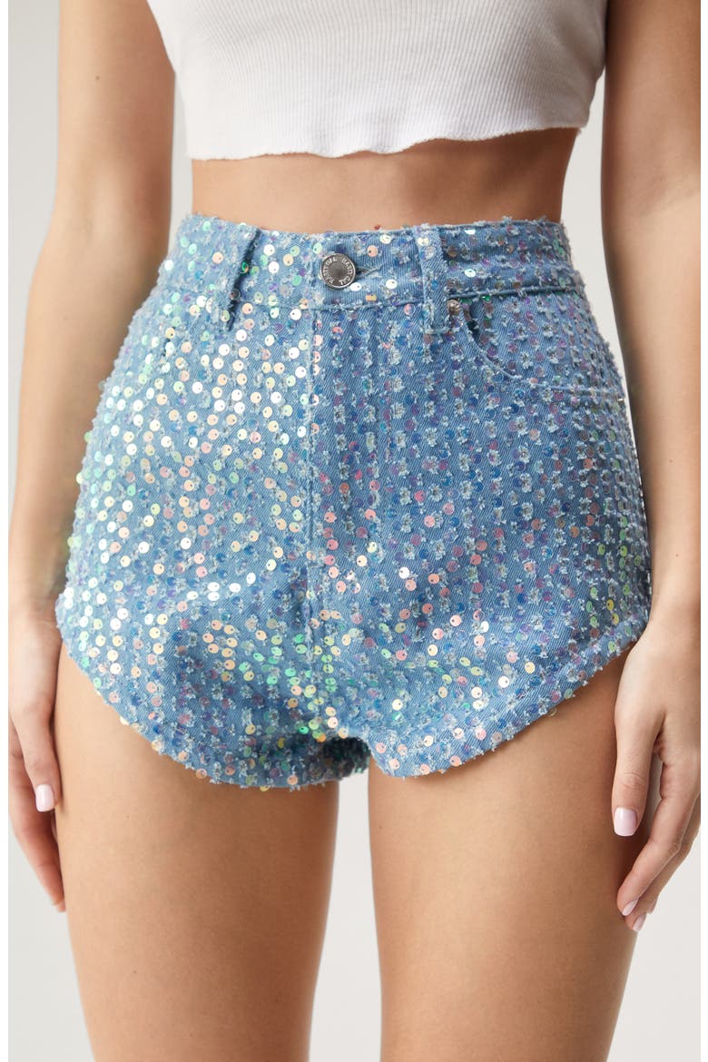 Sequin High Waist Denim Micro Shorts, Alternate, color, PALE WASH