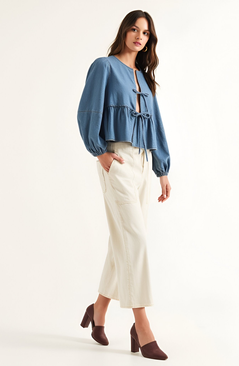 Modenaire Long Puff-Sleeve Tie-Front Peplum Denim Blouse, Alternate, color, Denim Blue