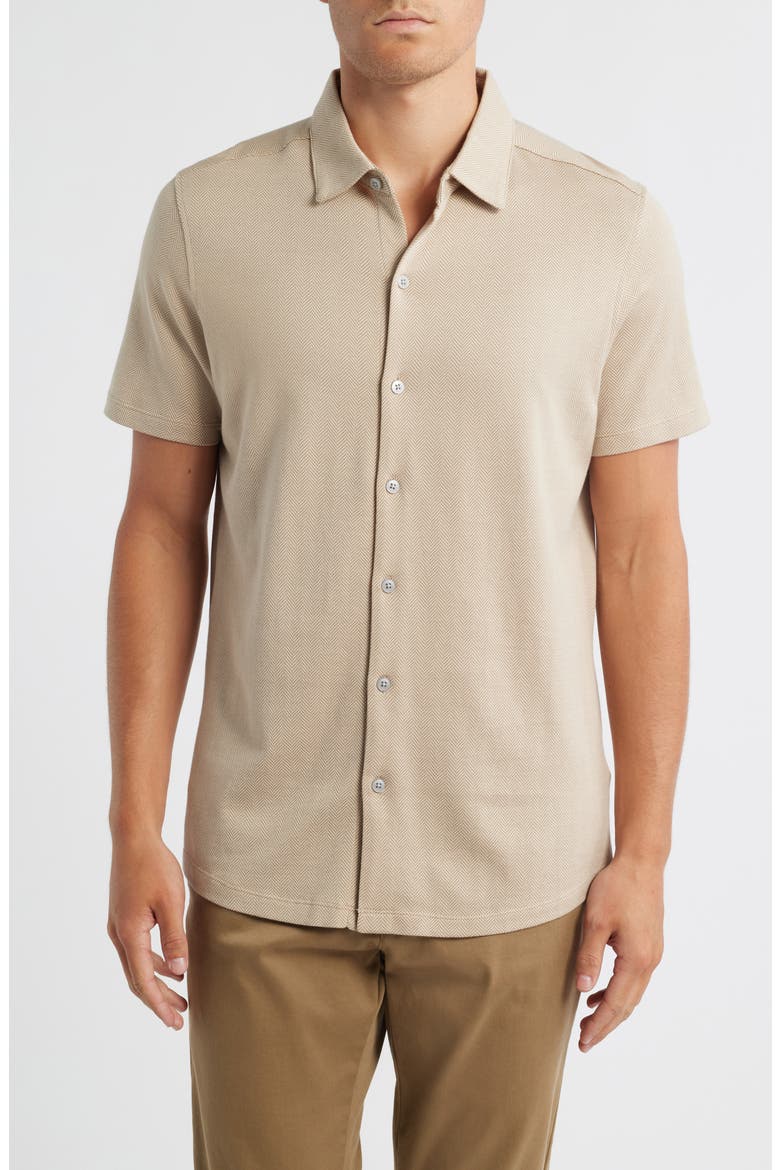 Nino Herringbone Short Sleeve Cotton Knit Button-Up Shirt, Main, color, BEIGE