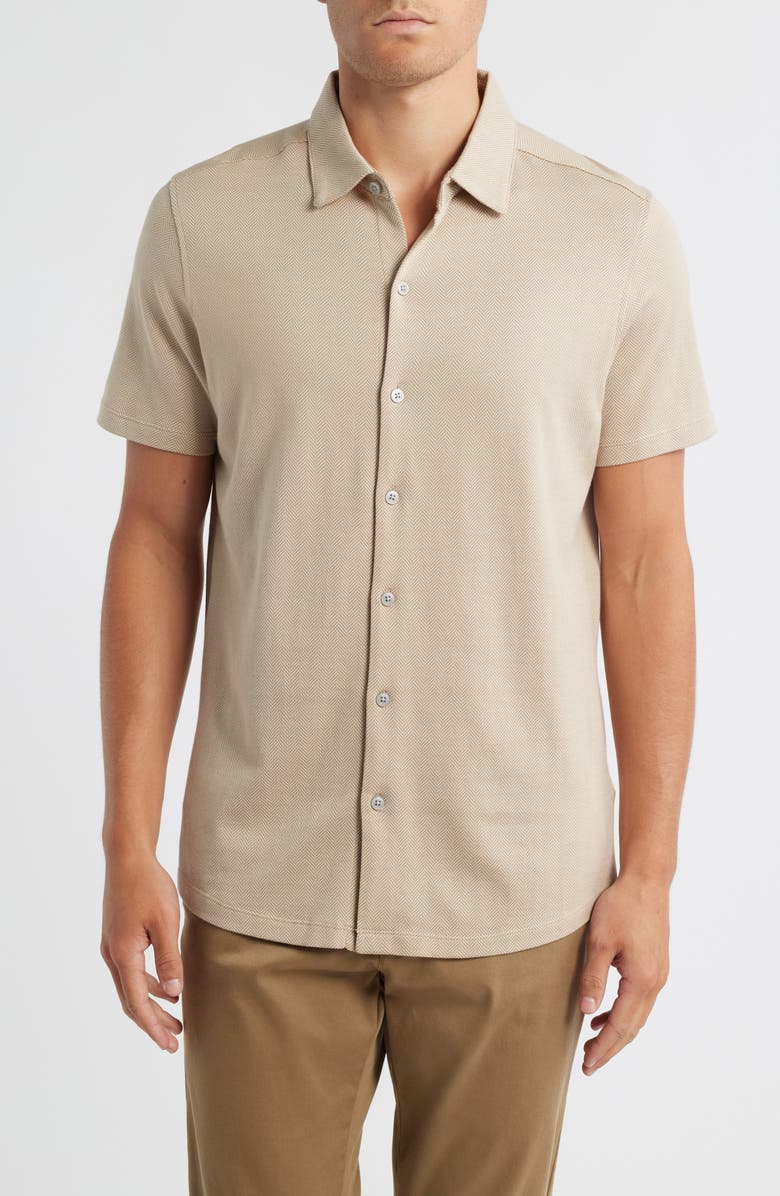 Robert Barakett Nino Herringbone Short Sleeve Cotton Knit Button-Up Shirt, Main, color, Beige