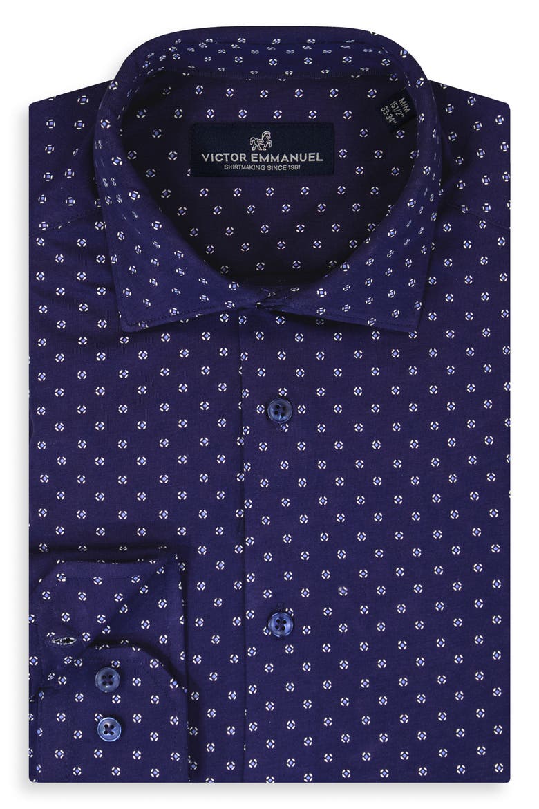 Regular Fit Navy Geometric Print Knit Cotton Dress Shirt, Alternate, color, NAVY