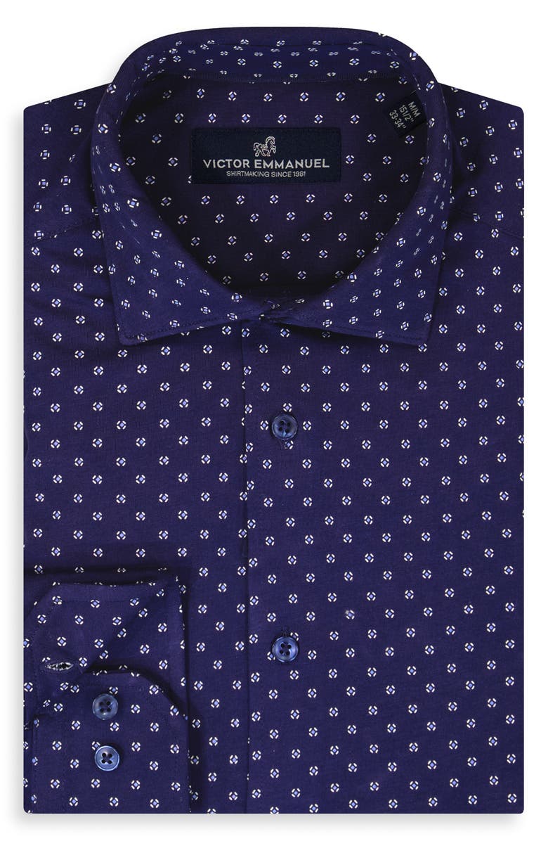 Victor Emmanuel Regular Fit Navy Geometric Print Knit Cotton Dress Shirt, Alternate, color, Navy