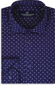 Victor Emmanuel Regular Fit Navy Geometric Print Knit Cotton Dress Shirt