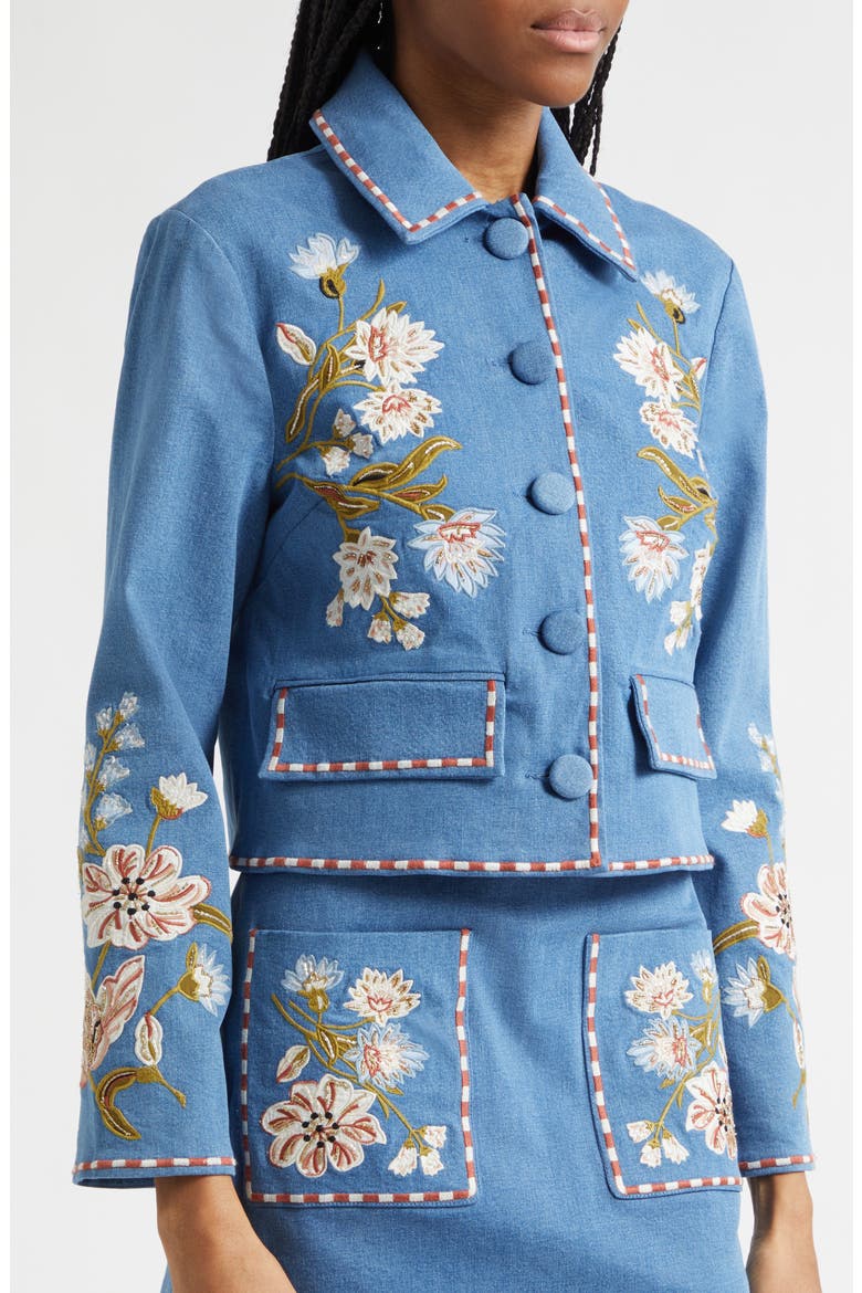 Vikaria Floral Embroidery Stretch Cotton Jacket, Alternate, color, SEA GLARE