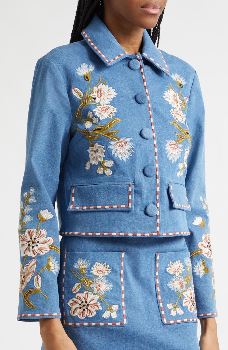 Veronica Beard Vikaria Floral Embroidery Stretch Cotton Jacket, Alternate, color, Sea Glare