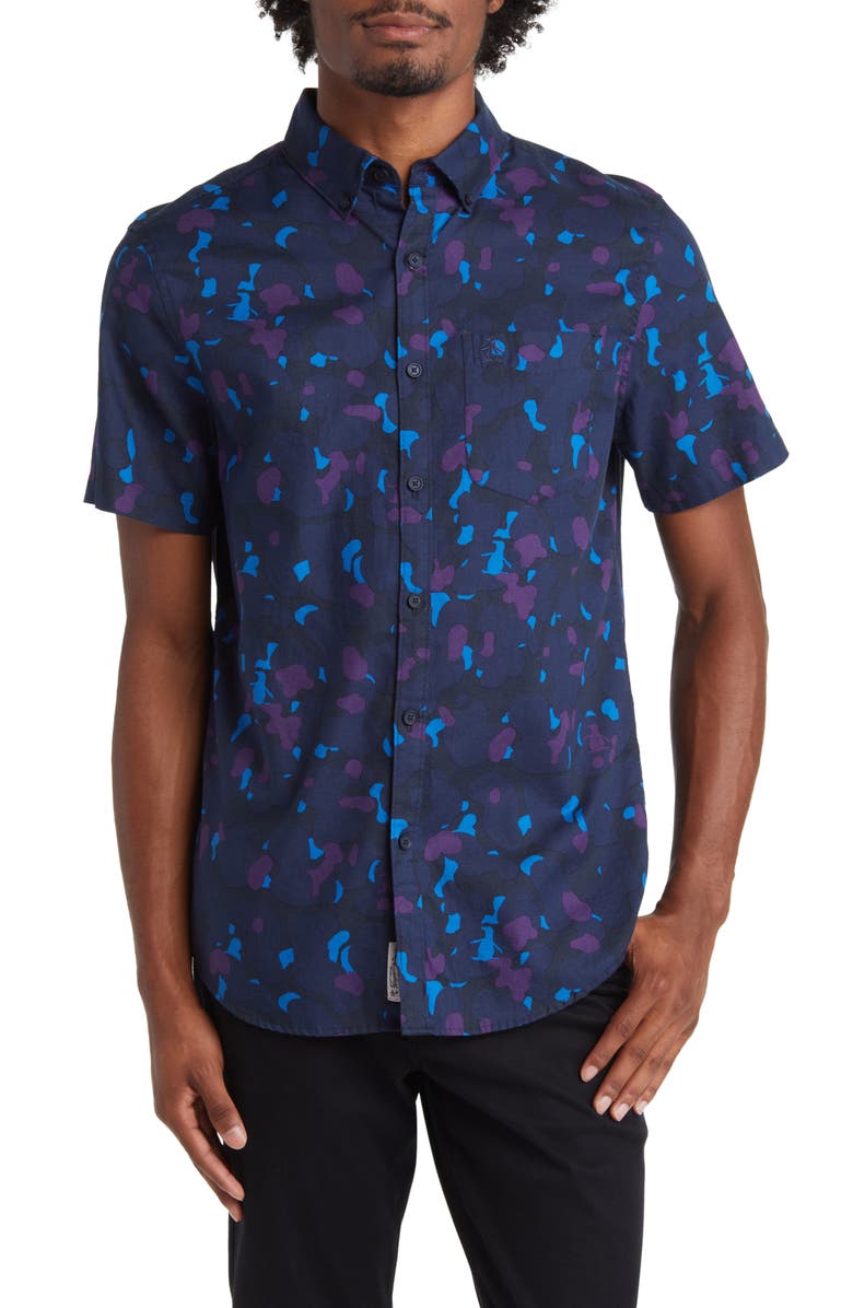 Original Penguin Slim Fit Camo Print Short Sleeve Button-Down Shirt, Main, color, 