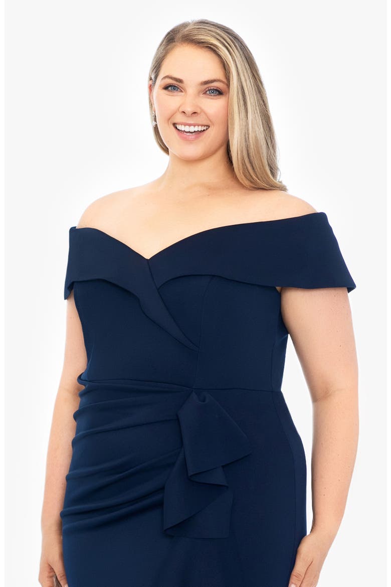 Off the Shoulder Ruffle Scuba Knit Gown, Alternate, color, MIDNIGHT
