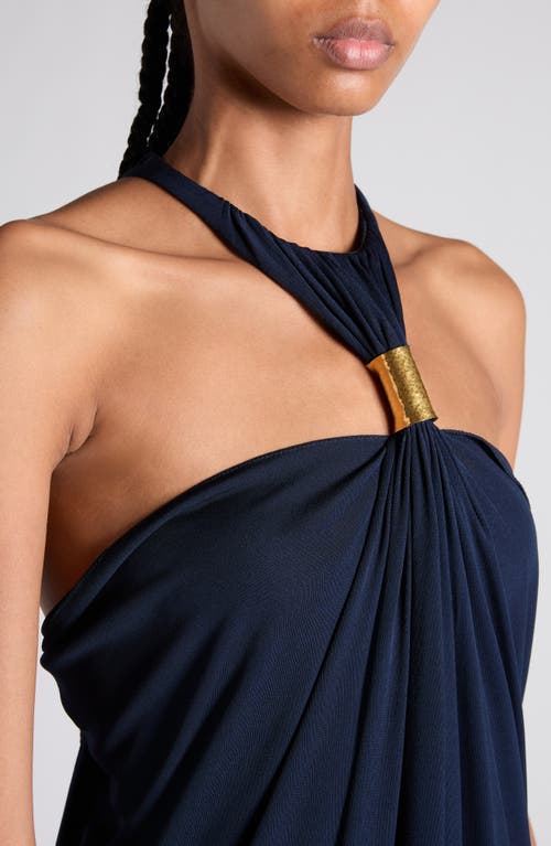 Shop Tom Ford Gathered Racerback Crepe Jersey Gown In Navy