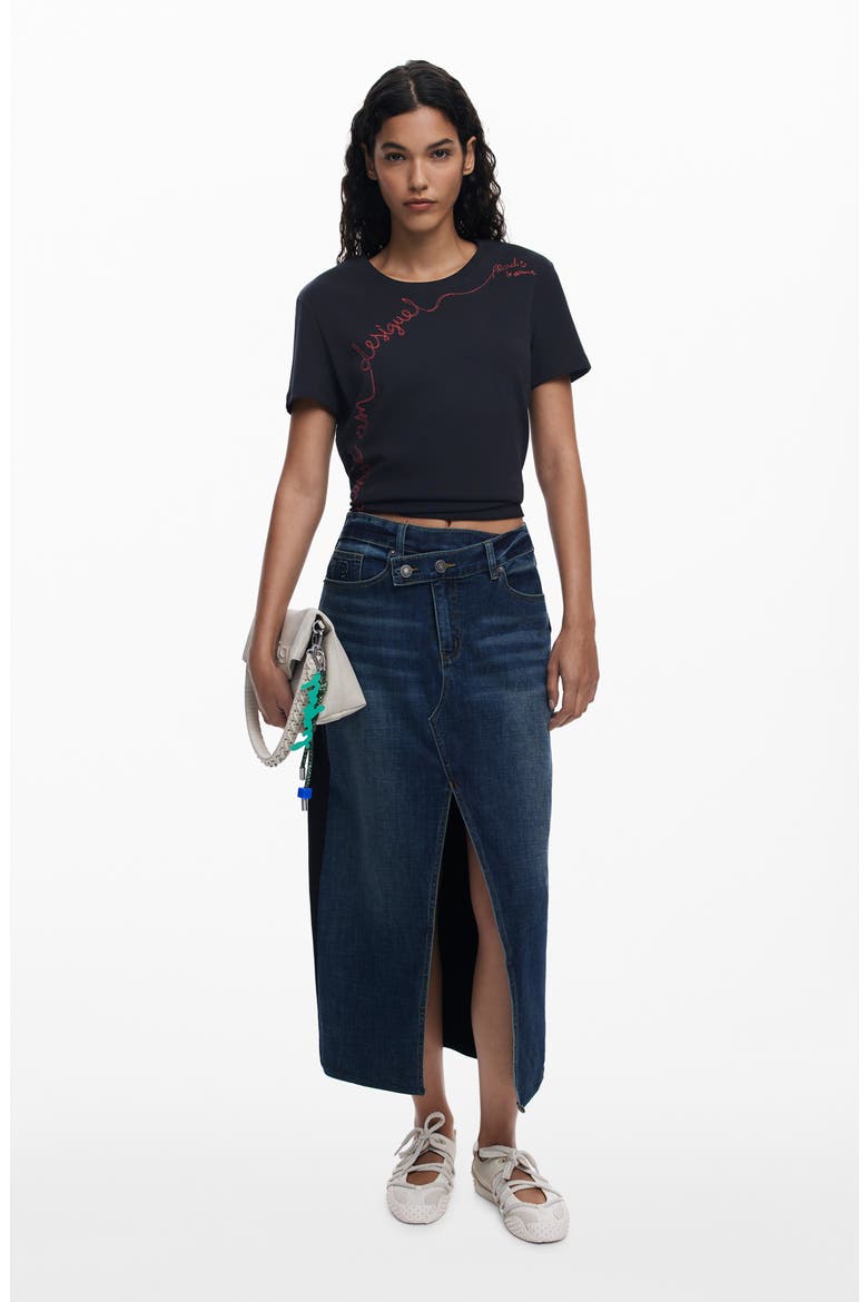 Mixed Media Denim Midi Skirt, Alternate, color, MEDIUM BLUE