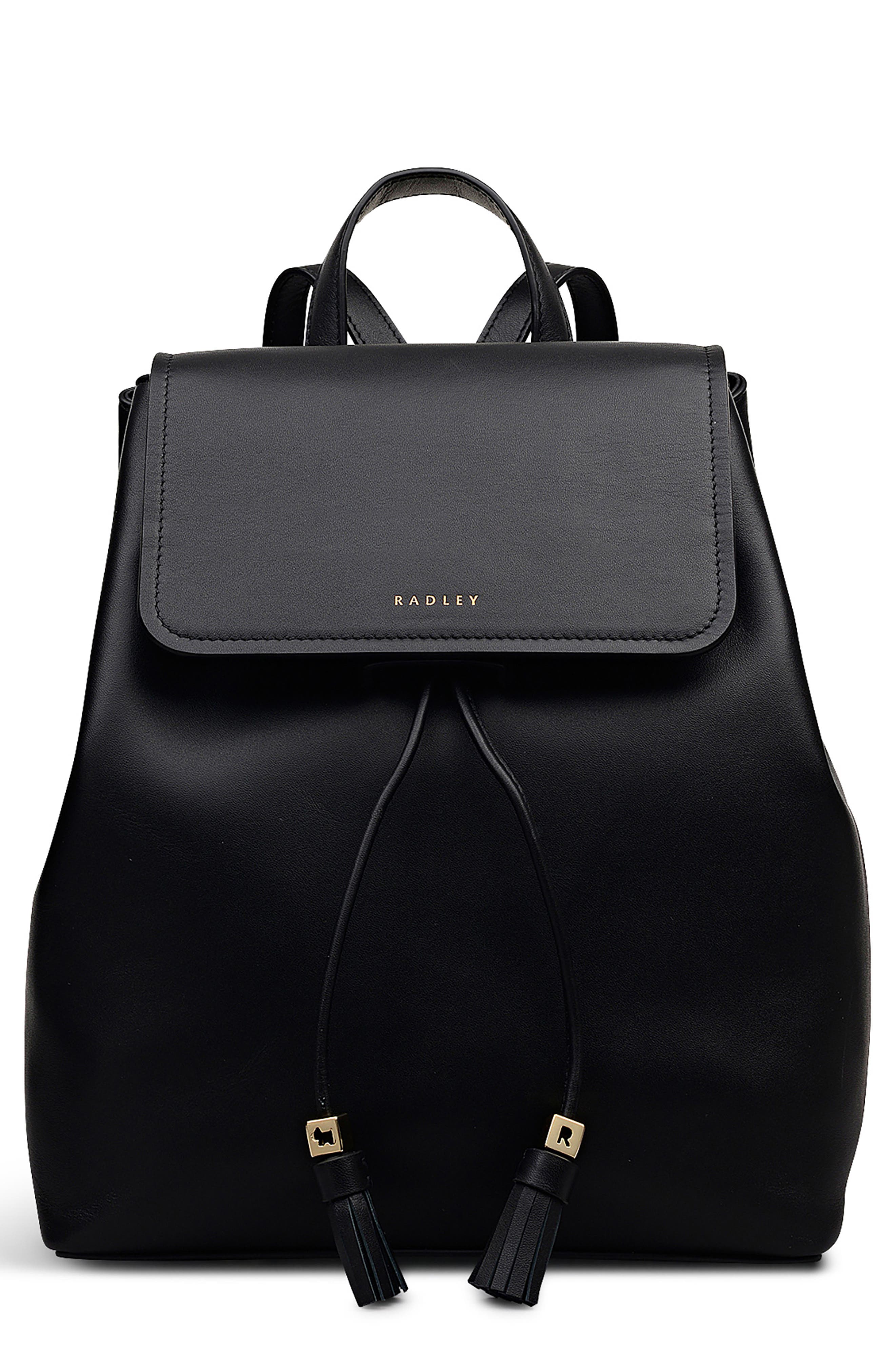 Radley Noble Alley Small Leather Flapover Backpack, Main, color, Black
