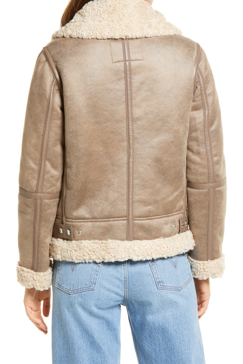 Short Faux Shearling Trim Aviator Jacket, Alternate, color, LT. KHAKI