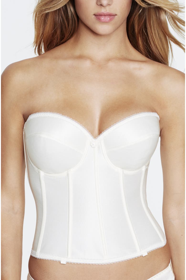 Rachelle Strapless Low Back Satin Longline Bridal Bra, Main, color, Ivory