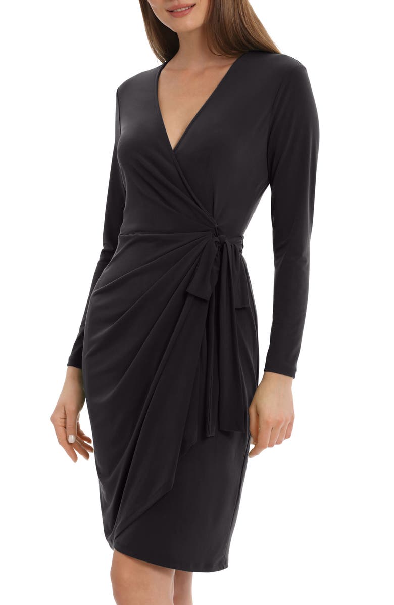 Maggy London Matte Jersey Long Sleeve Wrap Dress, Alternate, color, Black