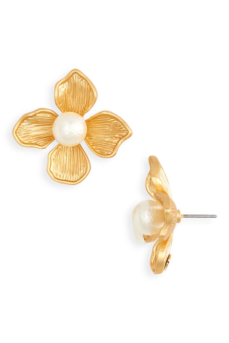 Faux Pearl Flower Drop Earrings, Main, color, GOLD