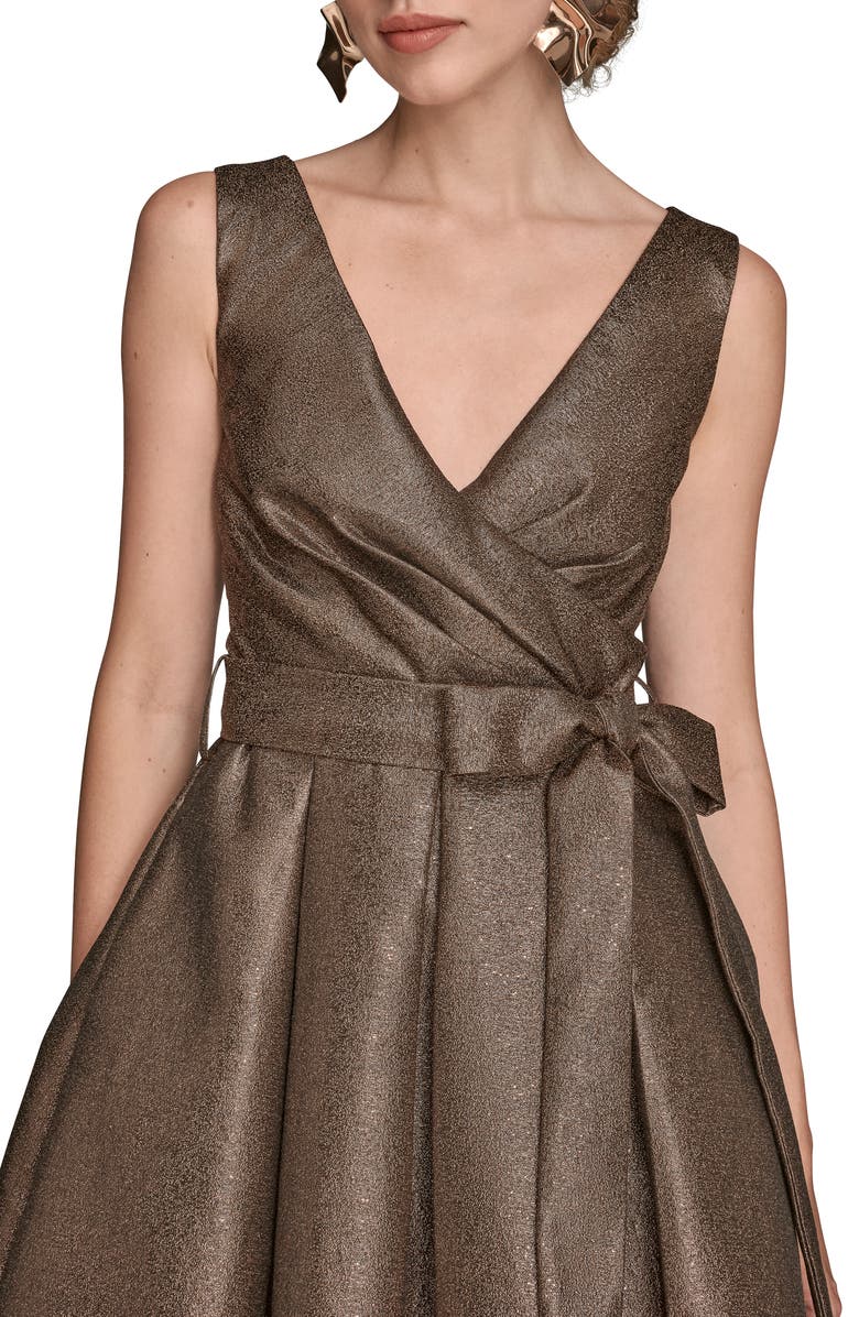 Donna Karan New York Metallic Jacquard Pleated Faux Wrap Cocktail Dress, Alternate, color, Vicuna