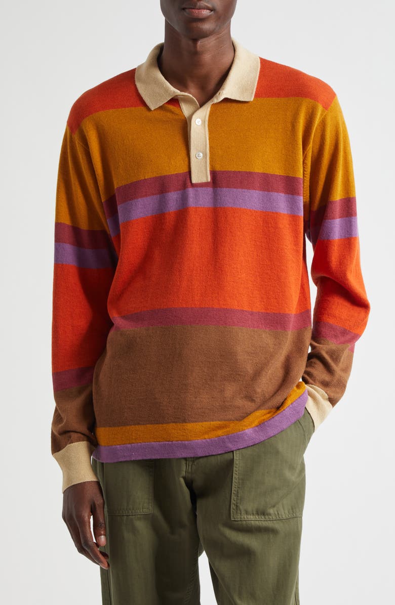 Drake's Linen & Cotton Rugby Shirt, Main, color, Orange/ Brown/ Purple