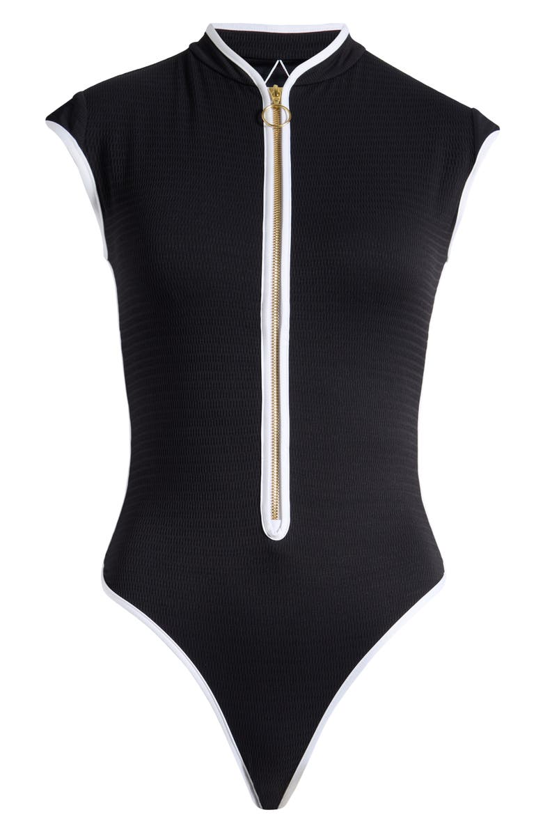 Seafolly Cap Sleeve Colorblock Zip-Up One-Piece Swimsuit, Alternate, color, Black