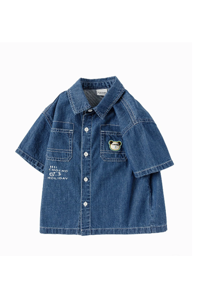 Toddler Boy Explore Style Denim Short Sleeve Shirt, Main, color, Navy