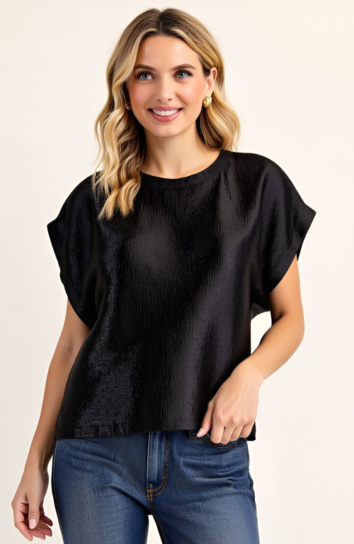 Modenaire Short Sleeve Textured Satin Blouse With Relaxed Fit And Keyhole Back In Black