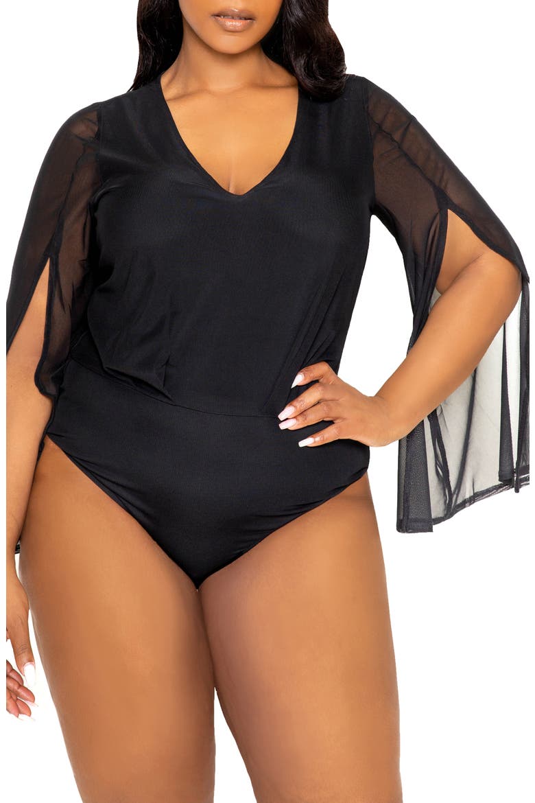 Mesh Long Sleeve Bodysuit, Alternate, color, BLACK