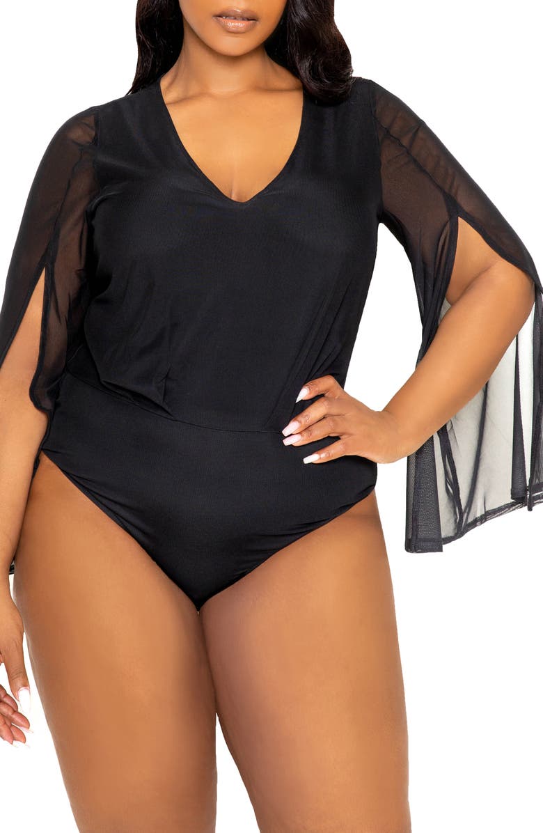 BUXOM COUTURE Mesh Long Sleeve Bodysuit, Alternate, color,