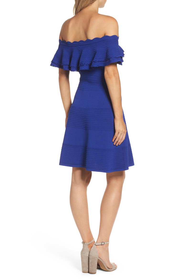 Off the Shoulder Fit & Flare Dress, Alternate, color, COBALT