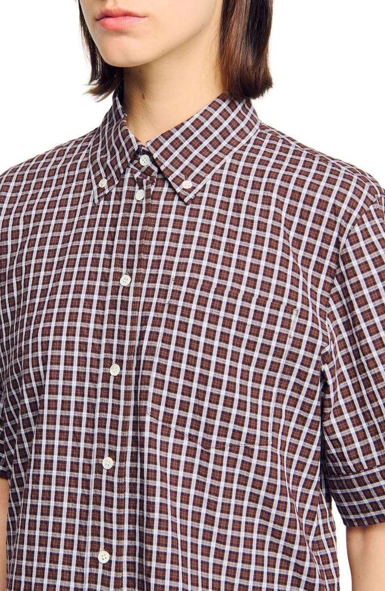 SANDRO Oversized checkered shirt, Alternate, color, Brown